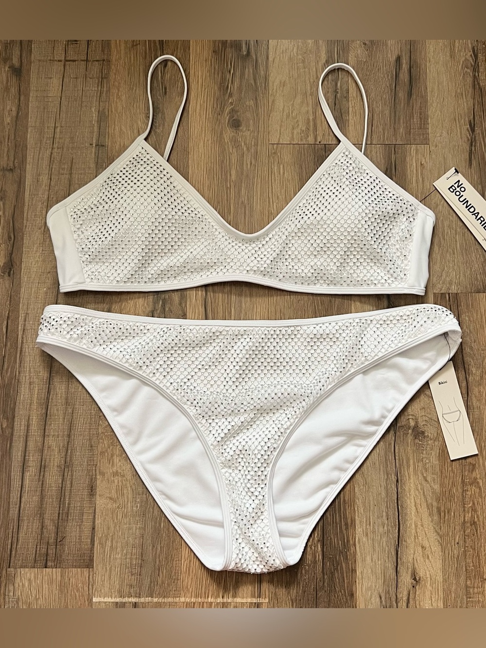No Boundaries NWT White Rhinestone Swimsuit Bikini Two Piece Size XL